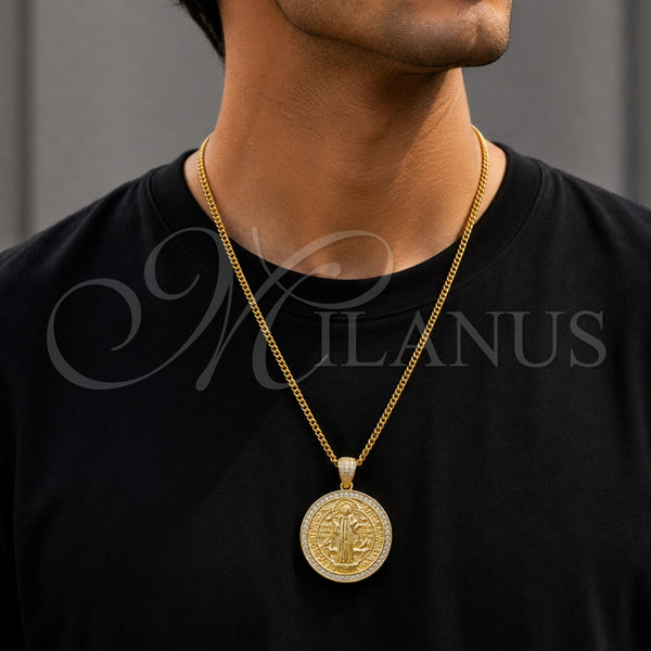 Gold Filled Pendant — Religious Pendant San Benito Design with White Cubic — alternate product view — SKU 165298 | Oro Laminado dije — Religious Pendant San Benito diseño with blanco Cubic — SKU 165298