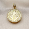 Oro Laminado Religious Pendant, Gold Filled Style San Benito Design, with White Cubic Zirconia, Polished, Golden Finish, 05.465.0009