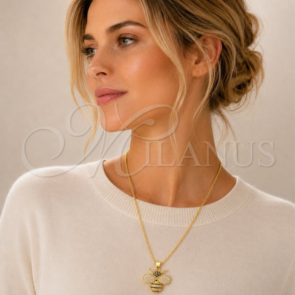 Oro Laminado Fancy Pendant, Gold Filled Style Bee Design, with White and Black Cubic Zirconia, Polished, Golden Finish, 05.465.0012