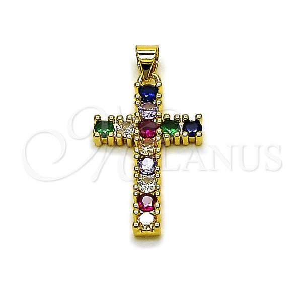 Oro Laminado Religious Pendant, Gold Filled Style Cross Design, with Multicolor Cubic Zirconia, Polished, Golden Finish, 05.465.0015