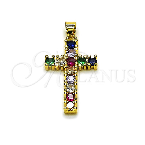 Oro Laminado Religious Pendant, Gold Filled Style Cross Design, with Multicolor Cubic Zirconia, Polished, Golden Finish, 05.465.0015