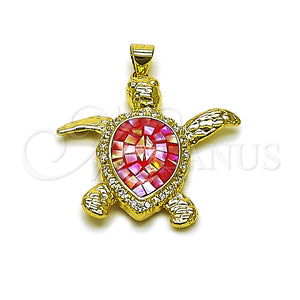 Oro Laminado Fancy Pendant, Gold Filled Style Turtle Design, with Garnet Opal and White Micro Pave, Polished, Golden Finish, 05.465.0016
