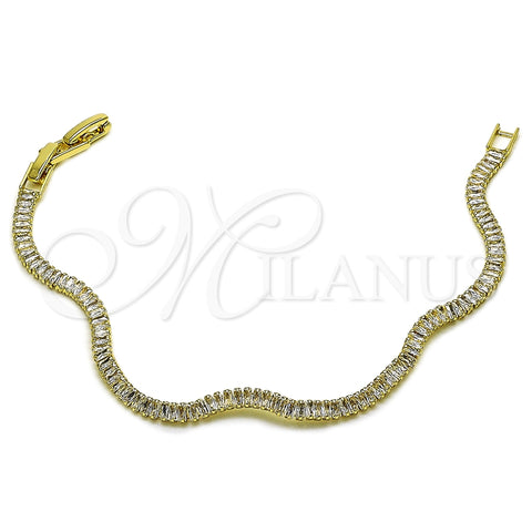 Oro Laminado Tennis Bracelet, Gold Filled Style Baguette Design, with White Cubic Zirconia, Polished, Golden Finish, 03.213.0440.07 (Thickness, 7 Inches Length)