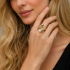 Oro Laminado Multi Stone Ring, Gold Filled Style Twist and Ball Design, with White Cubic Zirconia and Ivory Pearl, Polished, Golden Finish, 01.459.0002 (One size fits all)