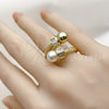 Oro Laminado Multi Stone Ring, Gold Filled Style Twist and Ball Design, with White Cubic Zirconia and Ivory Pearl, Polished, Golden Finish, 01.459.0002 (One size fits all)