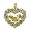 Oro Laminado Fancy Pendant, Gold Filled Style Heart and Mom Design, with White Cubic Zirconia, Polished, Golden Finish, 05.459.0016