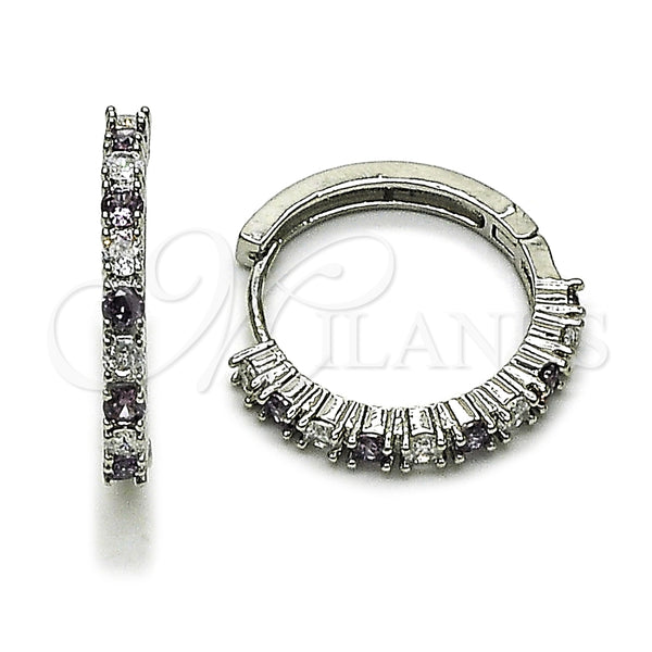 White Gold Filled Hoop Earrings — Huggie Hoop with Amethyst and White Cubic Zirconia — main product view — SKU 165410 | Oro Laminado Blanco aretes de aro — Huggie Hoop with Amethyst and blanco Cubic Zirconia — SKU 165410