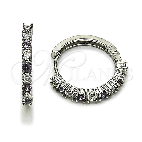 Rhodium Gold Filled Huggie Hoop, with Amethyst and White Cubic Zirconia, Polished, Rhodium Finish, 02.210.0095.11.25