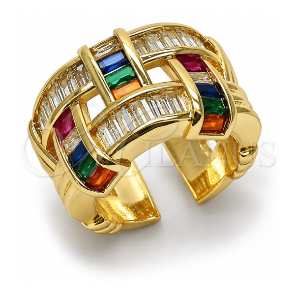 Oro Laminado Multi Stone Ring, Gold Filled Style Baguette Design, with Multicolor Cubic Zirconia, Polished, Golden Finish, 01.424.0009.1 (One size fits all)