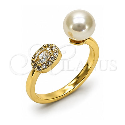 Oro Laminado Multi Stone Ring, Gold Filled Style Ball and Cluster Design, with Ivory Pearl and White Cubic Zirconia, Polished, Golden Finish, 01.424.0012 (One size fits all)