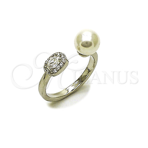 Rhodium Gold Filled Multi Stone Ring, Ball and Cluster Design, with Ivory Pearl and White Cubic Zirconia, Polished, Rhodium Finish, 01.424.0012.1 (One size fits all)