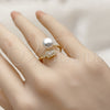 Oro Laminado Multi Stone Ring, Gold Filled Style Ball and Cluster Design, with Ivory Pearl and White Cubic Zirconia, Polished, Golden Finish, 01.424.0013 (One size fits all)