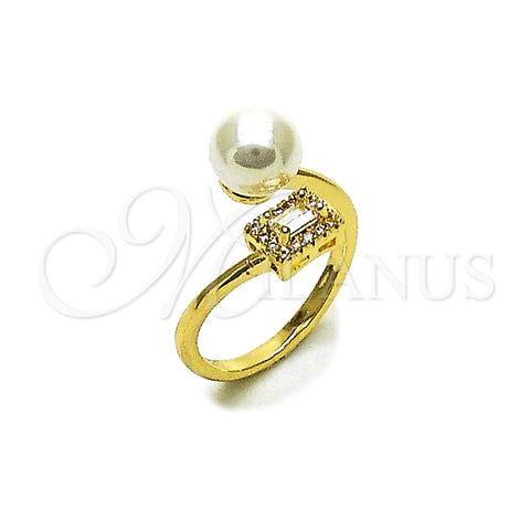 Oro Laminado Multi Stone Ring, Gold Filled Style Ball and Cluster Design, with Ivory Pearl and White Cubic Zirconia, Polished, Golden Finish, 01.424.0013 (One size fits all)