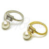 Oro Laminado Multi Stone Ring, Gold Filled Style Ball and Cluster Design, with Ivory Pearl and White Cubic Zirconia, Polished, Golden Finish, 01.424.0013 (One size fits all)