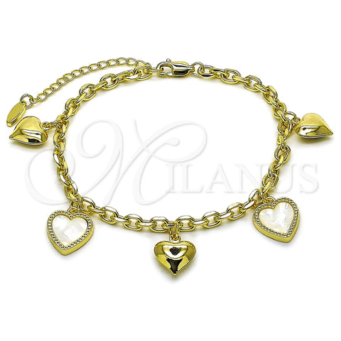 Oro Laminado Fancy Bracelet, Gold Filled Style Heart and Rolo Design, with Ivory Mother of Pearl, Polished, Golden Finish, 03.383.0036.08 (Thickness, 8 Inches Length)