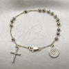 Oro Laminado Bracelet Rosary, Gold Filled Style San Benito and Cross Design, with White Crystal and White Cubic Zirconia, Polished, Golden Finish, 09.253.0086.08