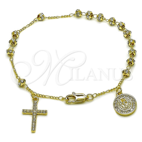 Oro Laminado Bracelet Rosary, Gold Filled Style San Benito and Cross Design, with White Crystal and White Cubic Zirconia, Polished, Golden Finish, 09.253.0086.08
