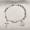 Oro Laminado Bracelet Rosary, Gold Filled Style San Judas and Cross Design, with White Cubic Zirconia and White Crystal, Diamond Cutting Finish, Golden Finish, 09.253.0087.08