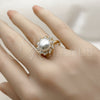 Oro Laminado Multi Stone Ring, Gold Filled Style Flower and Cluster Design, with White Cubic Zirconia and Ivory Pearl, Polished, Golden Finish, 01.317.0004 (One size fits all)