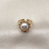 Oro Laminado Multi Stone Ring, Gold Filled Style Flower and Cluster Design, with White Cubic Zirconia and Ivory Pearl, Polished, Golden Finish, 01.317.0004 (One size fits all)