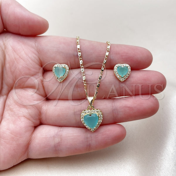 Oro Laminado Earring and Pendant Adult Set, Gold Filled Style Heart and Cluster Design, with Light Turquoise and White Cubic Zirconia, Polished, Golden Finish, 10.317.0001