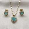 Oro Laminado Earring and Pendant Adult Set, Gold Filled Style Heart and Cluster Design, with Light Turquoise and White Cubic Zirconia, Polished, Golden Finish, 10.317.0001
