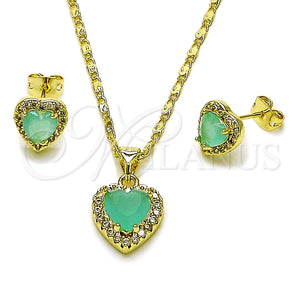 Oro Laminado Earring and Pendant Adult Set, Gold Filled Style Heart and Cluster Design, with Light Turquoise and White Cubic Zirconia, Polished, Golden Finish, 10.317.0001