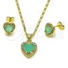 Oro Laminado Earring and Pendant Adult Set, Gold Filled Style Heart and Cluster Design, with Light Turquoise and White Cubic Zirconia, Polished, Golden Finish, 10.317.0001
