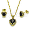 Oro Laminado Earring and Pendant Adult Set, Gold Filled Style Heart and Cluster Design, with Black Cubic Zirconia and White Micro Pave, Polished, Golden Finish, 10.317.0001.1