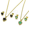 Oro Laminado Earring and Pendant Adult Set, Gold Filled Style Heart and Cluster Design, with Black Cubic Zirconia and White Micro Pave, Polished, Golden Finish, 10.317.0001.1
