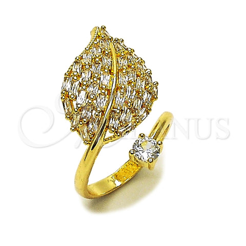 Oro Laminado Multi Stone Ring, Gold Filled Style Leaf and Baguette Design, with White Cubic Zirconia, Polished, Golden Finish, 01.266.0098 (One size fits all)