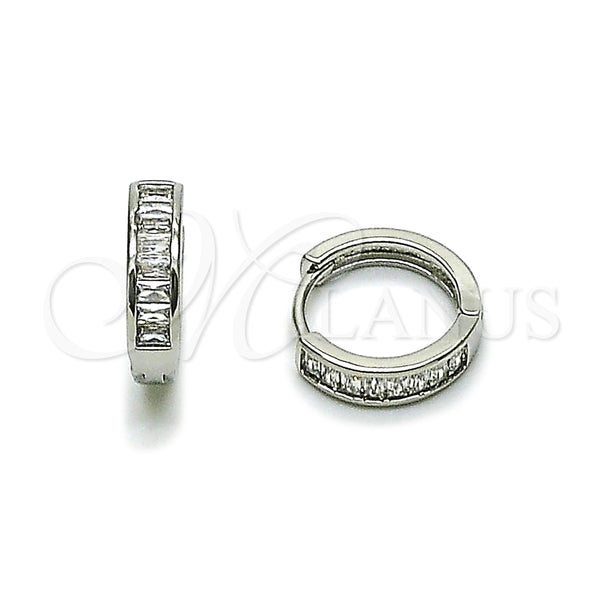 White Gold Filled Hoop Earrings — Huggie Hoop Baguette Design with White Cubic Zirconia — main product view — SKU 165548 | Oro Laminado Blanco aretes de aro — Huggie Hoop Baguette diseño with blanco Cubic Zirconia — SKU 165548