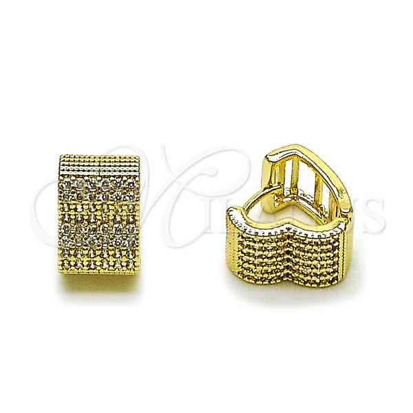 Gold Filled Hoop Earrings — Huggie Hoop Heart Design with White Micro Pave — main product view — SKU 165552 | Oro Laminado aretes de aro — Huggie Hoop corazón diseño with blanco Micro Pave — SKU 165552
