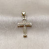Oro Laminado Religious Pendant, Gold Filled Style Cross and Heart Design, with White Micro Pave, Polished, Golden Finish, 05.213.0208