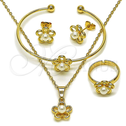 Oro Laminado Earring and Pendant Children Set, Gold Filled Style Flower Design, with Ivory Pearl, Polished, Golden Finish, 10.466.0004