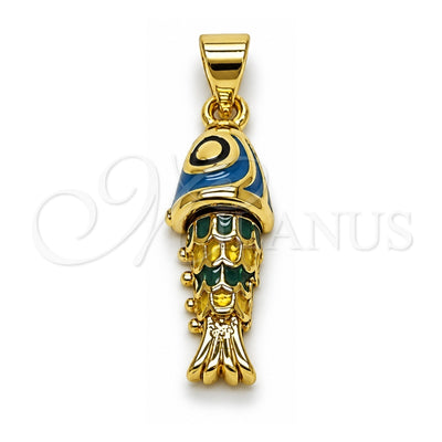 Oro Laminado Fancy Pendant, Gold Filled Style Fish Design, Turquoise Enamel Finish, Golden Finish, 05.459.0023.2