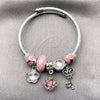 Stainless Steel Individual Bangle, key and Flower Design, with White Cubic Zirconia and Light Rose Crystal, Pink Enamel Finish, Rhodium Finish, 07.464.0031 (03 MM Thickness, One size fits all)