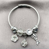 Stainless Steel Individual Bangle, key and Flower Design, with White Cubic Zirconia and Crystal Crystal, Pink Polished, Rhodium Finish, 07.464.0032 (03 MM Thickness, One size fits all)