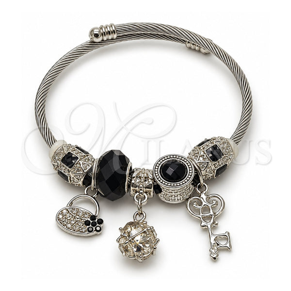 Stainless Steel Individual Bangle, key and Suitecase Design, with White Cubic Zirconia and Jet Crystal, Black Enamel Finish, Rhodium Finish, 07.464.0033 (03 MM Thickness, One size fits all)