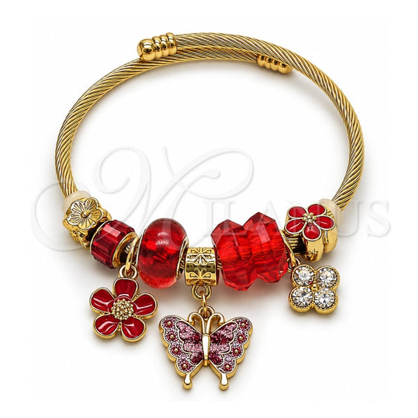 Stainless Steel Individual Bangle, Butterfly and Flower Design, with Light Siam and Crystal Crystal, Red Enamel Finish, Golden Finish, 07.464.0036 (03 MM Thickness, One size fits all)