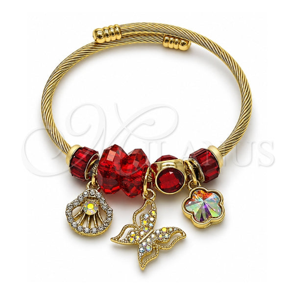 Stainless Steel Individual Bangle, Butterfly and Shell Design, with Siam and Aurore Boreale Crystal, Polished, Golden Finish, 07.464.0038 (03 MM Thickness, One size fits all)