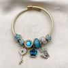 Stainless Steel Individual Bangle, Flower and key Design, with Light Turquoise and Crystal Crystal, Turquoise Enamel Finish, Golden Finish, 07.464.0040 (03 MM Thickness, One size fits all)