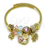 Stainless Steel Individual Bangle, Flower and Four-leaf Clover Design, with Light Rose and Aurore Boreale Crystal, Polished, Golden Finish, 07.464.0042 (03 MM Thickness, One size fits all)