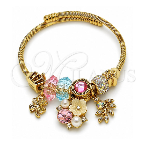 Stainless Steel Individual Bangle, Flower and Four-leaf Clover Design, with Light Rose and Aurore Boreale Crystal, Polished, Golden Finish, 07.464.0042 (03 MM Thickness, One size fits all)