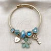 Stainless Steel Individual Bangle, Flower and Heart Design, with Light Turquoise and Indicolite Crystal, Turquoise Enamel Finish, Golden Finish, 07.464.0043 (03 MM Thickness, One size fits all)