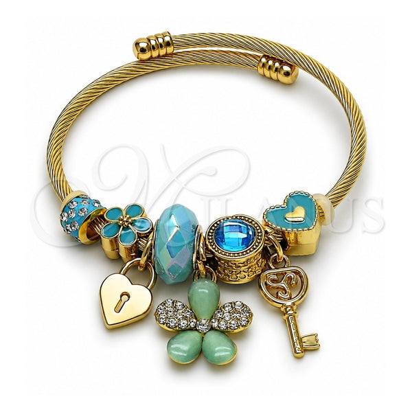 Stainless Steel Individual Bangle, Flower and Heart Design, with Light Turquoise and Indicolite Crystal, Turquoise Enamel Finish, Golden Finish, 07.464.0043 (03 MM Thickness, One size fits all)