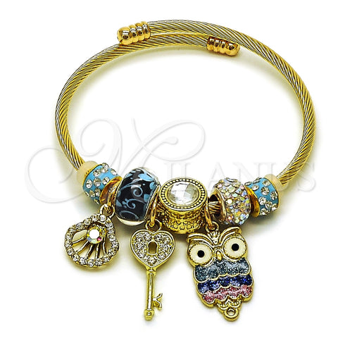 Stainless Steel Individual Bangle, Owl and Shell Design, with Crystal and Aurore Boreale Crystal, Multicolor Enamel Finish, Golden Finish, 07.464.0044 (03 MM Thickness, One size fits all)