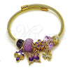 Stainless Steel Individual Bangle, Butterfly and Four-leaf Clover Design, with Violet Crystal, Polished, Golden Finish, 07.464.0045 (03 MM Thickness, One size fits all)