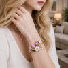 Stainless Steel Individual Bangle, Flower and key Design, with Light Rose and White Crystal, Pink Enamel Finish, Golden Finish, 07.464.0047 (03 MM Thickness, One size fits all)