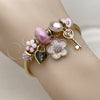 Stainless Steel Individual Bangle, Flower and key Design, with Light Rose and White Crystal, Pink Enamel Finish, Golden Finish, 07.464.0047 (03 MM Thickness, One size fits all)